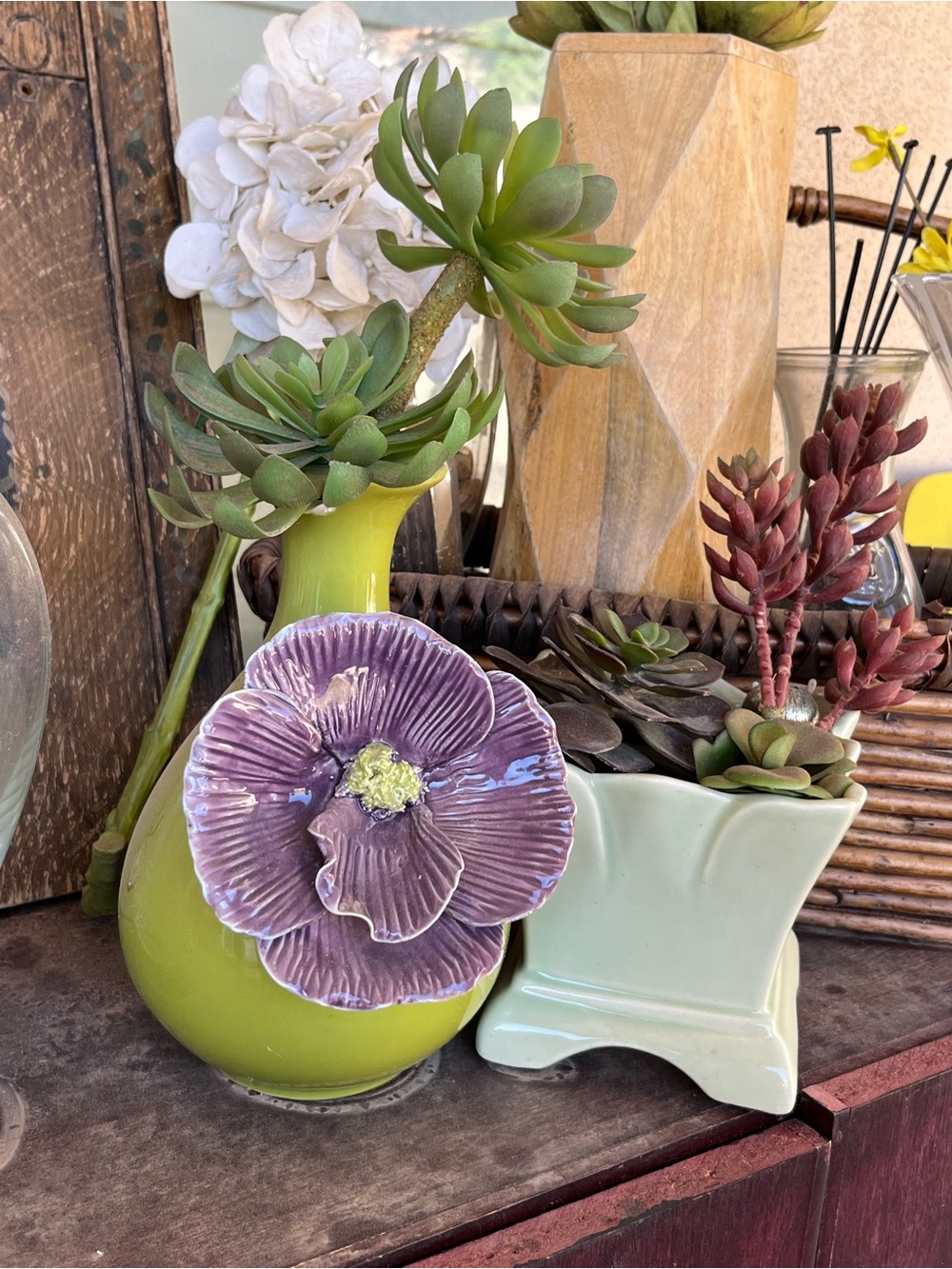 Home Accents Green Ceramic Vase with Purple Flower Accent